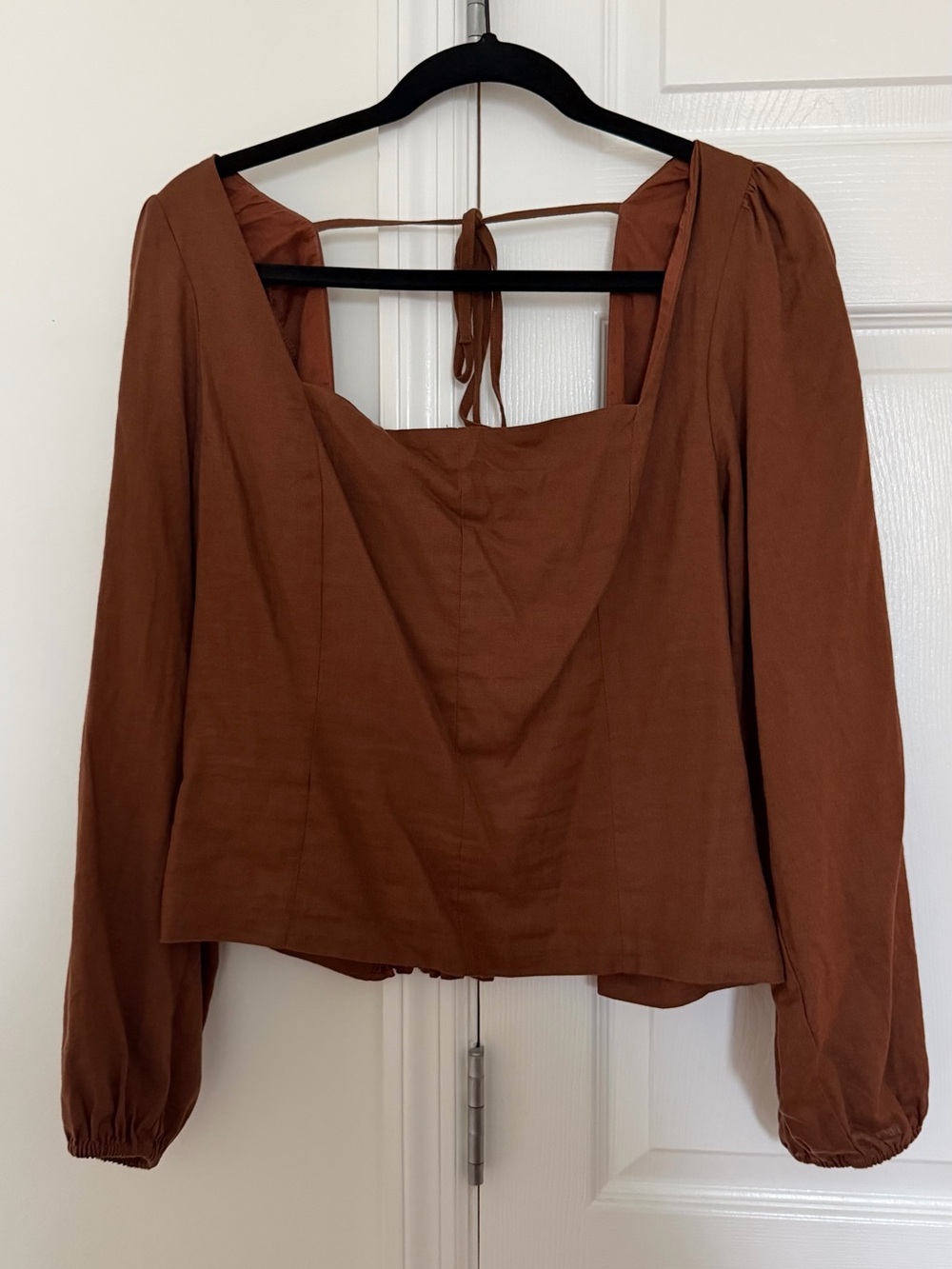 Women’s Square Neck Long Sleeve  linen Top - Brown